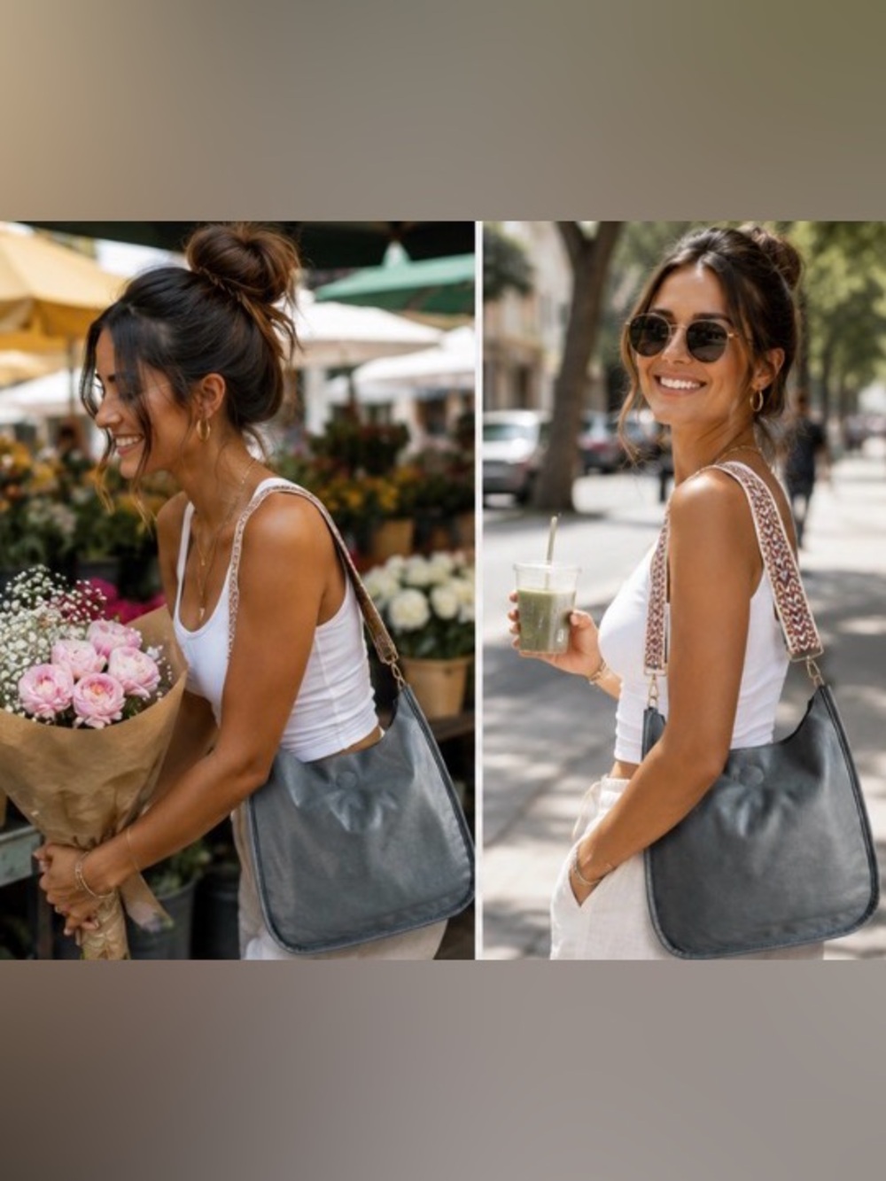Everyday Blue/Gray Vegan Leather Crossbody Bag with Patterned Strap